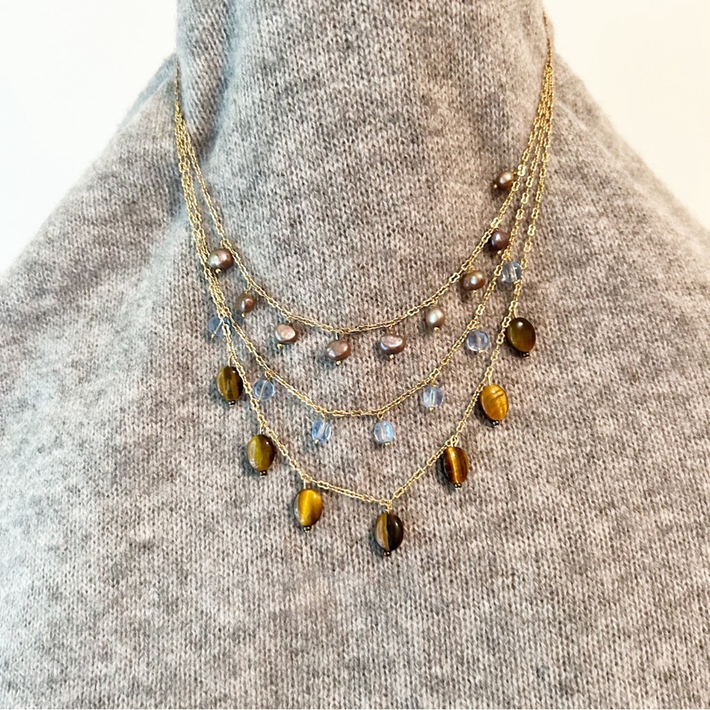 Lia Sophia Tigers Eye Multi-Strand Gold Tone Necklace Freshwater Pearl and Beads
